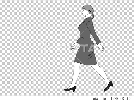 一位正在行走的女商人的插圖，全身，側視圖，輪廓，單色 124638130