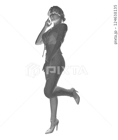 Polygonal girl standing on one leg, elegantly lifting her leg and raising her hand to her face. Curly hair. Vector illustration. Slim body, high heels, short hair, long legs. Young adult lady. 124638135