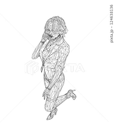 Wireframe of a girl standing on one leg, elegantly lifting her leg and raising her hand to her face. Curly hair. Vector illustration. Slim body, high heels, short hair, long legs. Young adult lady. Wireframe of a girl standing on one leg, elegantly lifting her leg and raising her hand to her face. Curly hair. Vector illustration. Slim body, high heels, short hair, long legs. Young adult lady. 124638136