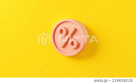 Three-dimensional percent symbol in pastel pink over a vibrant yellow backdrop. The design emphasizes concept themes like discounts, sales, or financial growth, depicted in a modern, minimalist style. 124638228