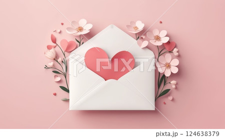 White envelope with a pink heart inside, surrounded by delicate pink flowers. Symbolizes love, romance, and heartfelt messages. White envelope with a pink heart inside, surrounded by delicate pink flowers. Symbolizes love, romance, and heartfelt messages. 124638379
