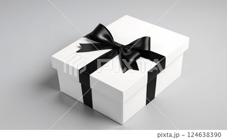 A pristine white gift box adorned with a sleek black ribbon, symbolizing celebration and surprise, suitable for occasions like birthdays or anniversaries. 124638390