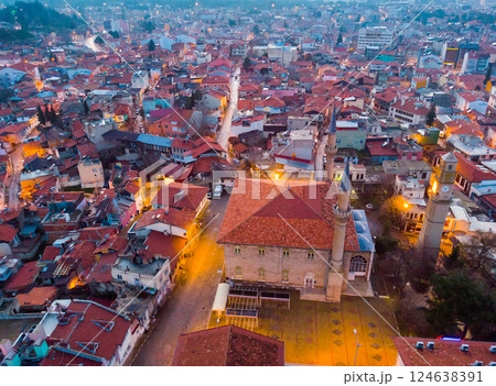 Flight over city Burdur in evening. Turkey 124638391