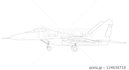 Military fighter jet outline. Vector art illustration of contour airplane. Modern war aircraft. Supersonic speed. Military fighter jet outline. Vector art illustration of contour airplane. Modern war aircraft. Supersonic speed. 124638718
