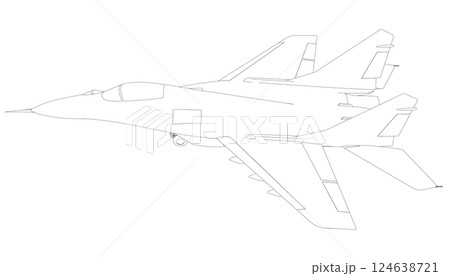 Military fighter jet outline. Vector art illustration of contour airplane. Modern war aircraft. Supersonic speed. 124638721
