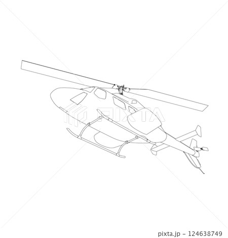 Helicopter detailed outline. Vector isolated on a white background. Adult military helicopter coloring page for book. Copter and Aircraft. Vector illustration. Black contour sketch illustrate 124638749