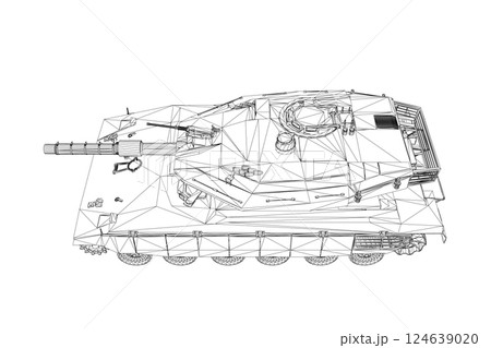 Isolated vector image for military concepts. Military tank. Military equipment. Blueprint of realistic tank. Industrial drawing. War vehicle in wireframe style. Vector illustration. 3D. 124639020