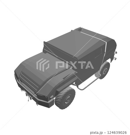 Army truck transportation for operation war vector design illustration. Truck in desert. 3D armored car. Polygonal military SUV. Off-road vehicle. Vector image for prints, poster and illustrations. 124639026
