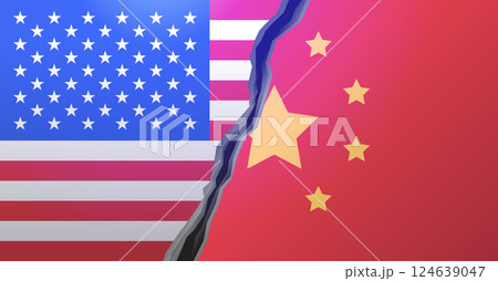 USA China trade war concept torn flags graphic depicting conflict with a ripped seam between national symbols colorful background 124639047
