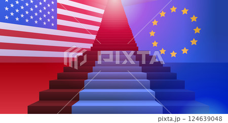 US EU trade war concept illustration showing a staircase merging flags of the USA and EU symbolizing economic conflict blue red gradient background 124639048