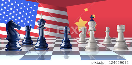 Trade war chess concept USA China flags chessboard strategy competition international relations political conflict blue white pieces digital art Trade war chess concept USA China flags chessboard strategy competition international relations political conflict blue white pieces digital art 124639052