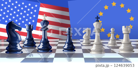 Chess pieces trade war concept USA-EU flags chessboard strategic conflict blue white black background Chess pieces trade war concept USA-EU flags chessboard strategic conflict blue white black background 124639053