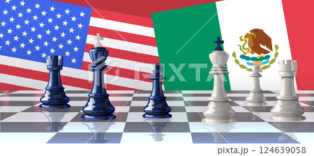 Chess pieces symbolize trade war concept with USA and Mexico flags in background on a chessboard setting. Strategic competition theme Chess pieces symbolize trade war concept with USA and Mexico flags in background on a chessboard setting. Strategic competition theme 124639058