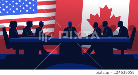 Trade negotiation meeting silhouette concept illustration. Businesspeople seated at a conference table with USA and Canada flags backdrop. Dark blue and red color scheme 124639059