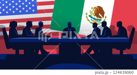 Trade negotiation meeting concept silhouettes of people at a conference table with USA and Mexico flags in the background international relations Trade negotiation meeting concept silhouettes of people at a conference table with USA and Mexico flags in the background international relations 124639060