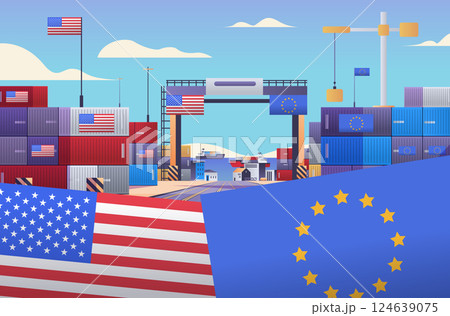 Trade war concept shipping containers flags USA EU port scene colorful graphics international commerce 124639075