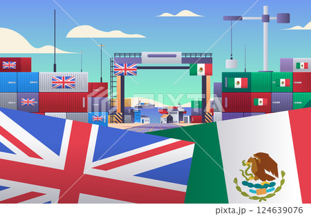 UK Mexico trade war concept shipping containers flags port scene banners UK Mexico trade war concept shipping containers flags port scene banners 124639076