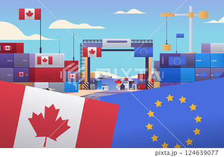 Trade war concept Canada EU containers flags shipping port cranes clear sky colorful design Trade war concept Canada EU containers flags shipping port cranes clear sky colorful design 124639077