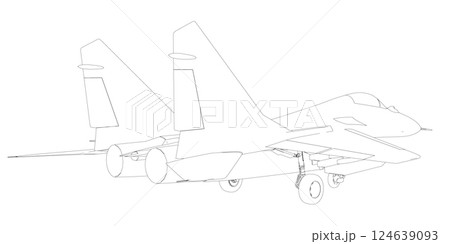 Military fighter jet outline. Vector art illustration of contour airplane. Modern war aircraft. Supersonic speed. Military fighter jet outline. Vector art illustration of contour airplane. Modern war aircraft. Supersonic speed. 124639093