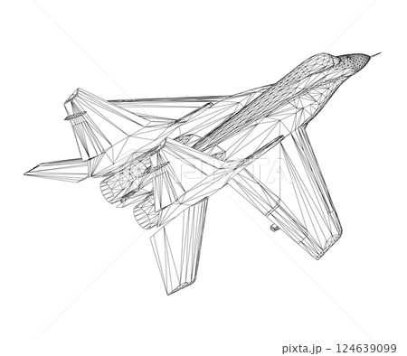 Military fighter jet wireframe. Vector art illustration of wireframe airplane. Modern war aircraft. Supersonic speed. 3D. 124639099