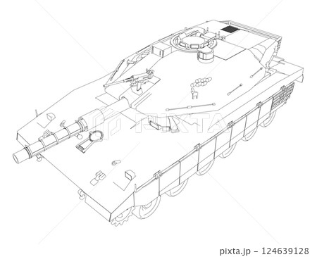 Isolated vector image for military concepts. Military tank. Military equipment. Blueprint of realistic tank. Detailed armored car. Industrial drawing. War vehicle in outline style. Vector illustration 124639128