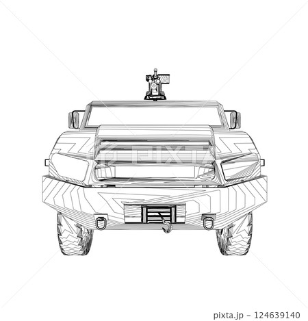 Army truck transportation for operation war vector design illustration. Truck in desert. Light armored car. Outline military SUV. Off-road vehicle. Vector image for prints, poster and illustrations. 124639140