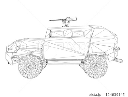 Army truck transportation for operation war vector design illustration. Truck in desert. 3D armored car. Wireframe military SUV. Off-road vehicle. Vector image for prints, poster and illustrations. Army truck transportation for operation war vector design illustration. Truck in desert. 3D armored car. Wireframe military SUV. Off-road vehicle. Vector image for prints, poster and illustrations. 124639145
