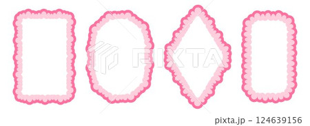 Cute frill pattern frame set. Pink scalloped ellipse and rectangle border collection. Wavy lace edge shape in rococo style for decoration, poster, banner. Wiggly coquette element pack. Vector Cute frill pattern frame set. Pink scalloped ellipse and rectangle border collection. Wavy lace edge shape in rococo style for decoration, poster, banner. Wiggly coquette element pack. Vector 124639156