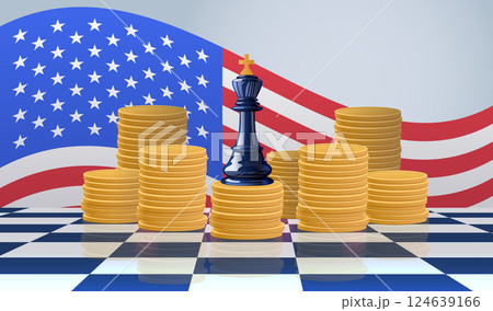 Trade war concept chess piece coins USA flag background gold stacks strategic economic theme Trade war concept chess piece coins USA flag background gold stacks strategic economic theme 124639166
