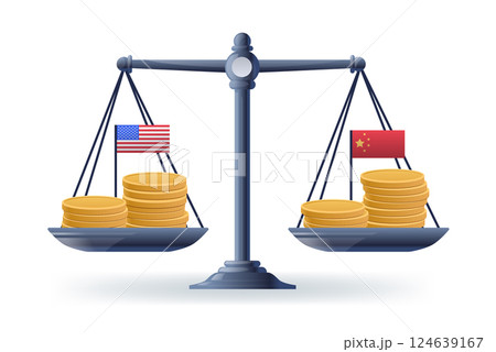 Trade war balance scales economic concept coins on scales with USA and China flags symbolizing tariffs and trade conflict economic illustration 124639167