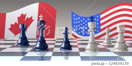 Chess pieces trade war concept Canada USA flags depicted on chessboard with blue and white pieces symbolizing strategic conflict international relations Chess pieces trade war concept Canada USA flags depicted on chessboard with blue and white pieces symbolizing strategic conflict international relations 124639170