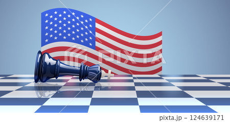 Chess piece on checkered board symbolizes trade war. American flag in background blue tones. Strategic conflict concept. Web design banner 124639171