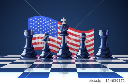 Chess pieces trade war concept illustration. Chess pieces on a board with a waving American flag background symbolizing strategic conflict. Suitable for banners and templates Chess pieces trade war concept illustration. Chess pieces on a board with a waving American flag background symbolizing strategic conflict. Suitable for banners and templates 124639172