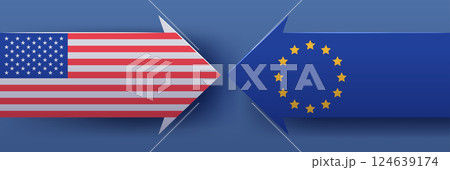 US and EU trade conflict concept with opposing arrows featuring American and European flags on blue gradient background US and EU trade conflict concept with opposing arrows featuring American and European flags on blue gradient background 124639174