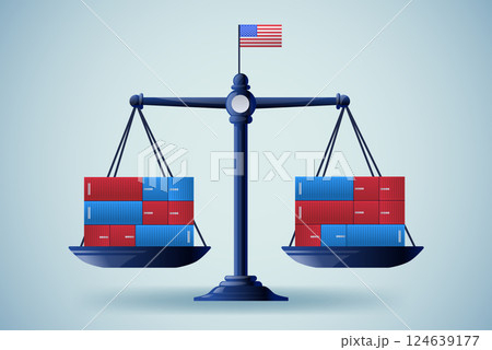 Scales with shipping containers balance trade concept with American flag blue background economic theme Scales with shipping containers balance trade concept with American flag blue background economic theme 124639177