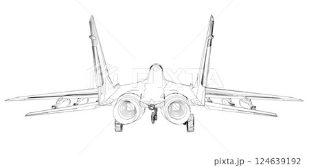 Military fighter jet outline. Vector art illustration of contour airplane. Modern war aircraft. Supersonic speed. 3D 124639192