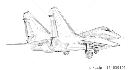 Military fighter jet outline. Vector art illustration of contour airplane. Modern war aircraft. Supersonic speed. 3D 124639193
