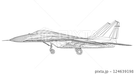 Military fighter jet wireframe. Vector art illustration of wireframe airplane. Modern war aircraft. Supersonic speed. 3D. Military fighter jet wireframe. Vector art illustration of wireframe airplane. Modern war aircraft. Supersonic speed. 3D. 124639198