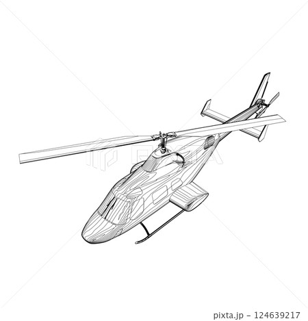 Helicopter detailed outline. Vector isolated on a white background. Adult military helicopter coloring page for book. Copter and Aircraft. Vector illustration. Black contour sketch illustrate 124639217