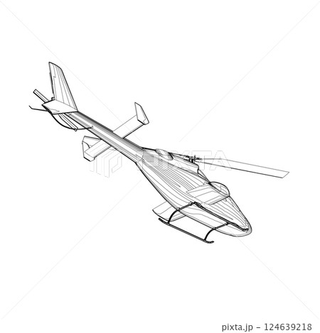 Helicopter detailed outline. Vector isolated on a white background. Adult military helicopter coloring page for book. Copter and Aircraft. Vector illustration. Black contour sketch illustrate 124639218