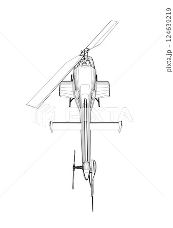Helicopter detailed outline. Vector isolated on a white background. Adult military helicopter coloring page for book. Copter and Aircraft. Vector illustration. Black contour sketch illustrate 124639219