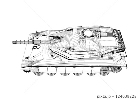 Isolated vector image for military concepts. Military tank. Military equipment. Blueprint of realistic tank. Detailed armored car. Industrial drawing. War vehicle in outline style. Vector illustration 124639228