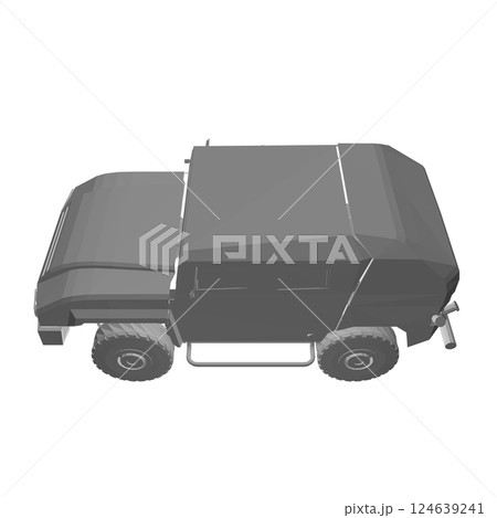 Army truck transportation for operation war vector design illustration. Truck in desert. 3D armored car. Polygonal military SUV. Off-road vehicle. Vector image for prints, poster and illustrations. 124639241