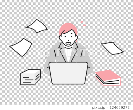 A businesswoman who is anxious because of a mountain of work 124639272