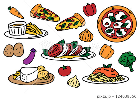 おしゃれな料理 セット ピザ パスタ カプレーゼ 野菜 124639350