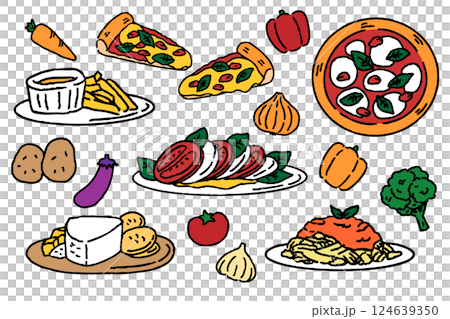 おしゃれな料理 セット ピザ パスタ カプレーゼ 野菜 124639350