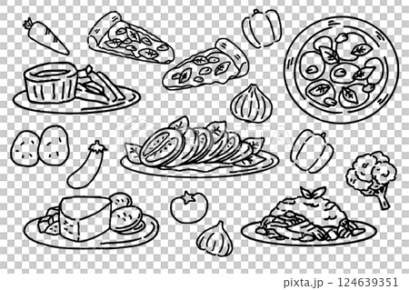 時尚食品套裝披薩義大利麵卡普雷塞蔬菜 時尚食品套裝披薩義大利麵卡普雷塞蔬菜 124639351