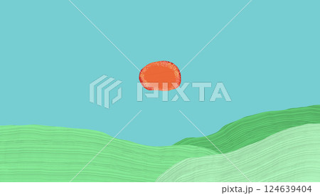 青い空と山と太陽のイラスト　夏のイメージ　背景素材 124639404