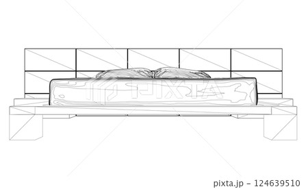 Contour line drawing of double bed. Modern comfortable luxury furnitures for bedroom. Outline of a sleeping bed with pillows from black lines isolated on a white background. Vector illustration. 124639510