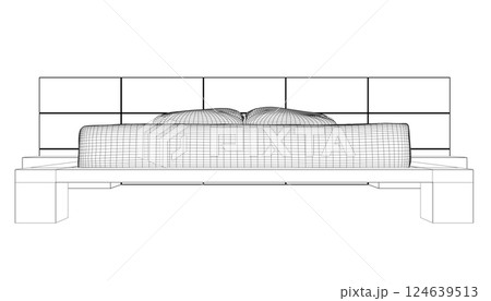 Wireframe drawing of double bed. Modern comfortable luxury furnitures for bedroom. Wireframe of a sleeping bed with pillows from black lines isolated on a white background. Vector illustration. 3D 124639513